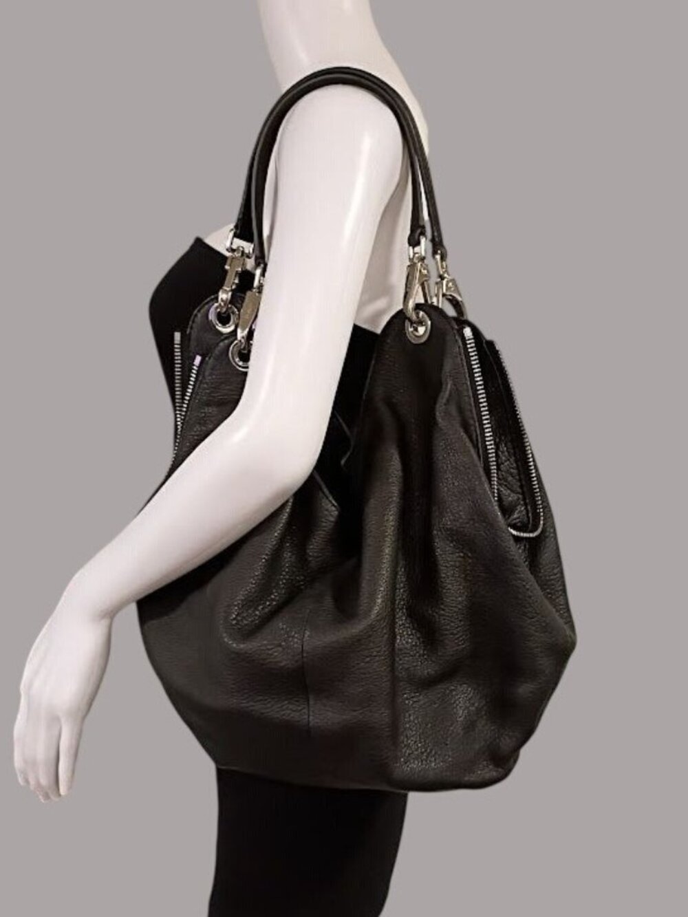 Botkier Black Leather Tote Bag With Zipper Details & Silver Hardware